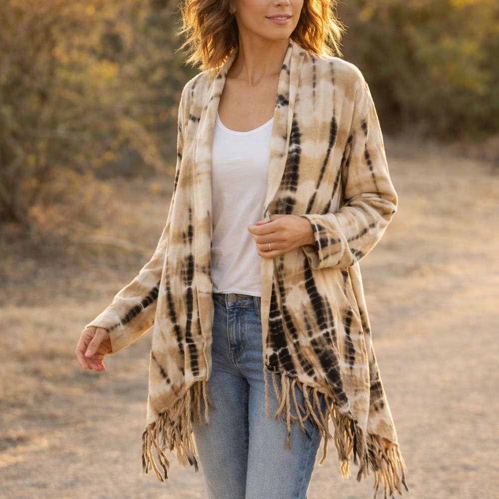 Soft Surroundings Boho Tie Dye Fringe Cardigan Cozy Open Front Wrap Medium